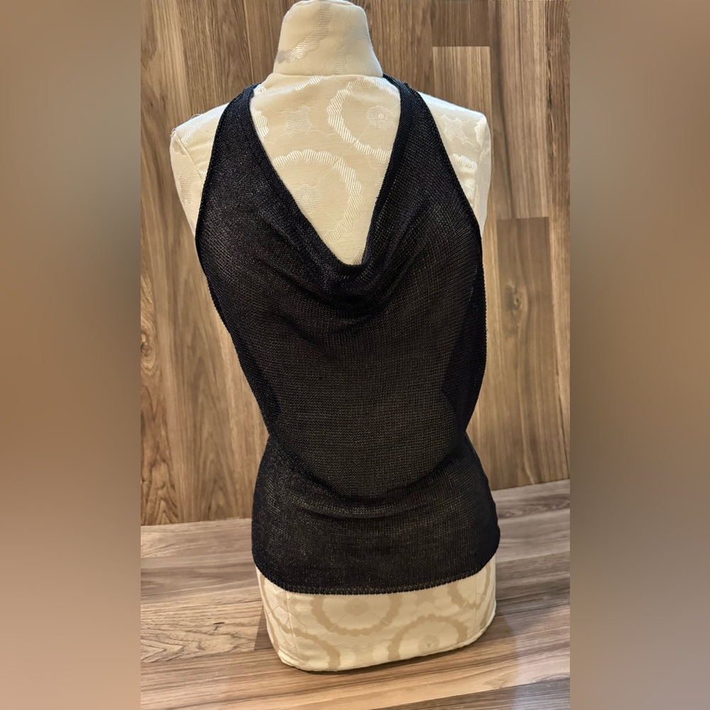 Zara Mesh Sheer Sexy Black Backless Cowl Neck Knit Textured Halter Button Top S